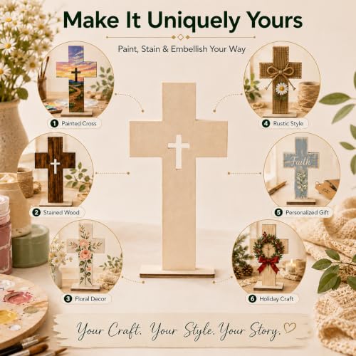 Wooden Crosses for Crafts: 10 Pack Unfinished Wood - DIY Blank Crosses with Stands Small Religious Crucifix Ornaments Catholic Baptism Centerpiece DIY Craft Supplies
