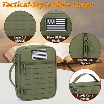 Tactical Bible Cover for Men, Large Bible Case with Shoulder Strap & US Flag Patch, Water Resistant Bible Carrier Bag with Handle, Multi Pockets for Church Study & Travel （Green） - color: Green