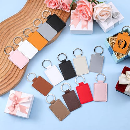 50 PCS PU Leather Keychain Blanks, Leather Key Fob Kit, Laser Engraving Keychain with Key Rings, Stamping DIY Crafts for Working, 10 Colors