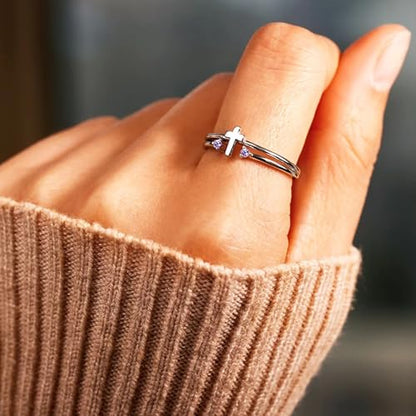 S925 Sterling Silver Cross Rings Birthstone Rings Christian Jewelry for Women Daughter, Easter Gifts, Confirmation and Baptism Gifts - color: 6-Jun