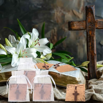 Ecation 24 Set Wooden Cross Necklace Bulk 24 Prayer Card 24 Organza Bag