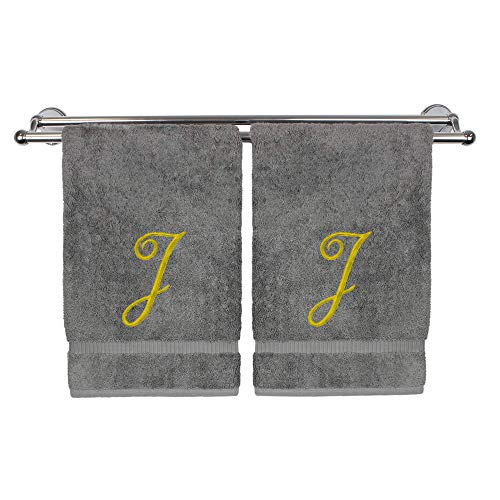 Monogrammed Hand Towel, Personalized Gift, 16 x 30 Inches - Set of 2 - Gold Embroidered Towel - Extra Absorbent 100% Turkish Cotton - Soft Terry Finish - for Bathroom, Kitchen and Spa - Script J Gray - color: Gold on Gray, style: Initial J