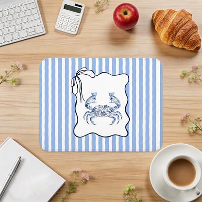 Blue Chinoiserie Crab Beach Mouse Pad, Trendy Blue Striped Coastal Ocean Mouse Pad for Beach House Home Office Computer Laptop Desk Accessories, 9.5x7.9 Inch - color: Blue Crab