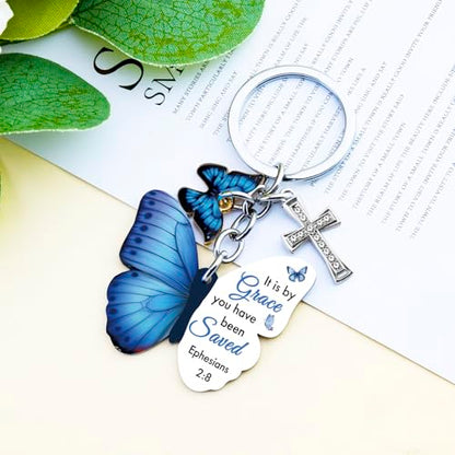 Butterfly Christian Keychain Women Cross Bible Verse Keychain Butterfly Purse Charm Inspirational Religious Gifts - color: Blue