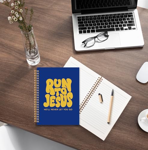 Yellow and Blue Christian Spiral Notebook, Run to Jesus Bible Verse Journal, Religious Scripture Journals for Writing, Bible Notebooks for Note Taking, Church Notes Journal, 5.5x8.3 Inch - color: God-Yellow and Blue
