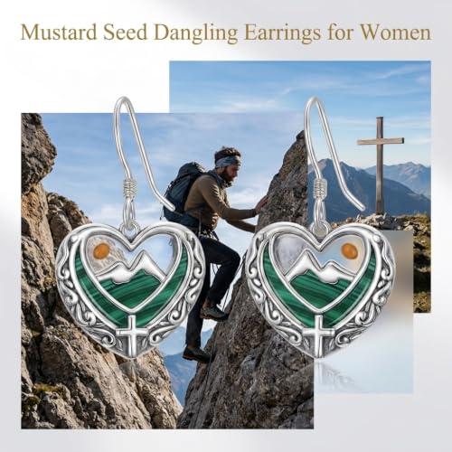 AOBOCO 925 Silver Mustard Seed Cross Heart Dangle Drop Earrings Women - color: Silver-Malachite