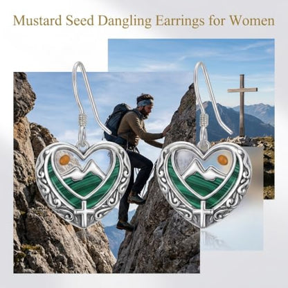 AOBOCO 925 Silver Mustard Seed Cross Heart Dangle Drop Earrings Women - color: Silver-Malachite