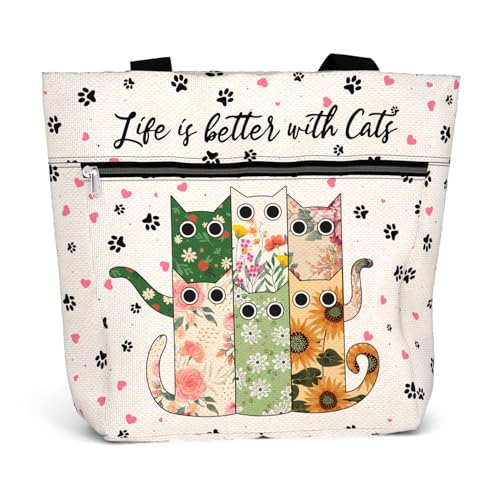 Waterproof Tote Bag with Pockets and Zipper for Work. Shoulder Bag for Women. Gift for Cat Lover Cat Owner. - color: Life Better With Cats