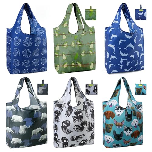 BeeGreen Animal Reusable Shopping Bags Cute Grocery Bag 6 Pack, Christmas Gift Bags Heavy-Duty Foldable Shopping Totes for Supermarket, Work & Travel, Large Washable Polyester Tote Bag with Handles - color: Teal, Green, black, gray, blue