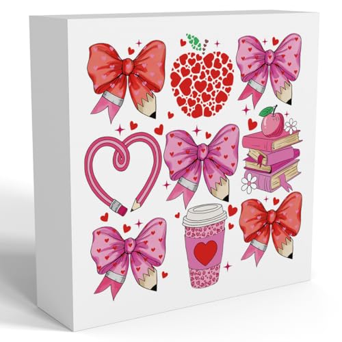 Teacher Valentine Decor Gift, Vintage Valentines Day Gifts for Teachers, Teacher Appreciation Gifts, Birthday Thank You Gift, Pink Heart Bow Pencil Wooden Box Sign for Office Desk Decor - color: Pink Heart Bow Pencil