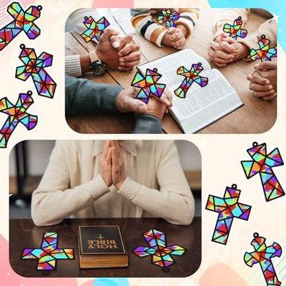 Sinload 24 Sets Religious Cross Crafts Sunday School Suncatcher Ornaments - style: Cross