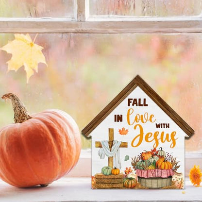 Christian Fall Decor, Fall in Love with Jesus House Shaped Wood Block Sign - color: Jesu-2