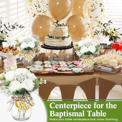 Suncalla 6 Sets Baptism Table Centerpieces Mason Jar Cross for Baby Shower
