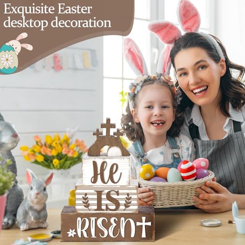 4 Pcs Easter Table Decorations Wooden Table Sign Religious Wood Centerpieces Bunny Blocks Farmhouse Spring Tiered Tray Decor for Home Kitchen Shelf(Rustic Cross) - style: Rustic Cross