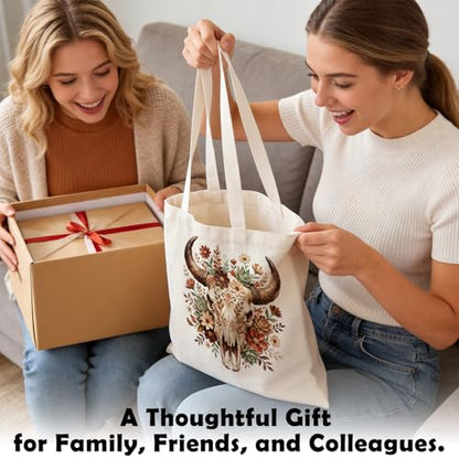 Western Canvas Tote Bag, Western Gift for Women - color: Cow Skull