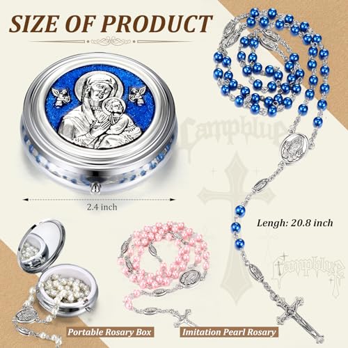 Ecation 6 Pcs First Communion Catholic Rosary Necklace, Pearl Rosary Catholic in Metal Gift Box Our Father Beads with Caps Our Lady of Guadalupe and Necklace Prayer Gift for Men Women