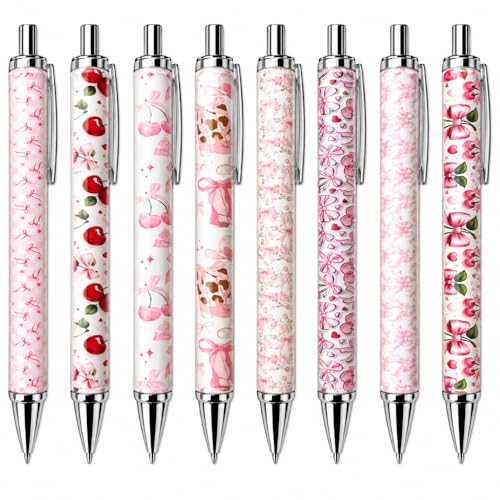 Coquette Pens 8PC Set Pink Stationery Office Supplies School Supply Cute Aesthetic Gel Pen Fancy Bow Beautiful Cherry Themed Birthday Decorations Girly Room Stuff Ribbon Decor Party Favors - style: Coquette