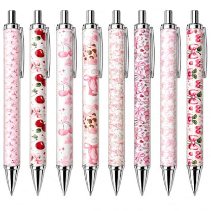 Coquette Pens 8PC Set Pink Stationery Office Supplies School Supply Cute Aesthetic Gel Pen Fancy Bow Beautiful Cherry Themed Birthday Decorations Girly Room Stuff Ribbon Decor Party Favors - style: Coquette