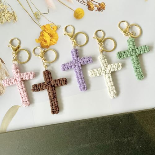Pingyongchang Handmade Weave Cross Keychain Boho Macrame Jesus Christian Charm Keychain for Women Men - color: Green