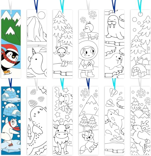 Haooryx Christmas Winter DIY Bookmarks - 75Pcs Color Your Own Polar Animals Bookmarks Creative DIY Penguins Sea Lions Coloring Blank Book Mark Teacher Student Reader Classroom Rewards Paper Art Craft - style: Polar Animal
