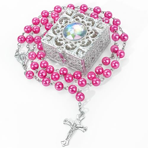 Rose Red Pearl-Style Rosary Necklace with Metal Gift Box, 8mm, 22 Inch - color: Rose
