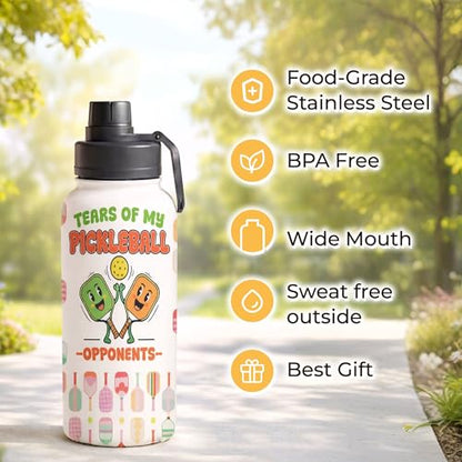 Funny Pickleball Water Bottle 32oz with Lid, Tears of My Pickleball Opponents, Pickleball Gifts for Pickleball Players, Pickleball Lovers, Sports Bottle for Women Men, Stainless Steel - color: Pickleball