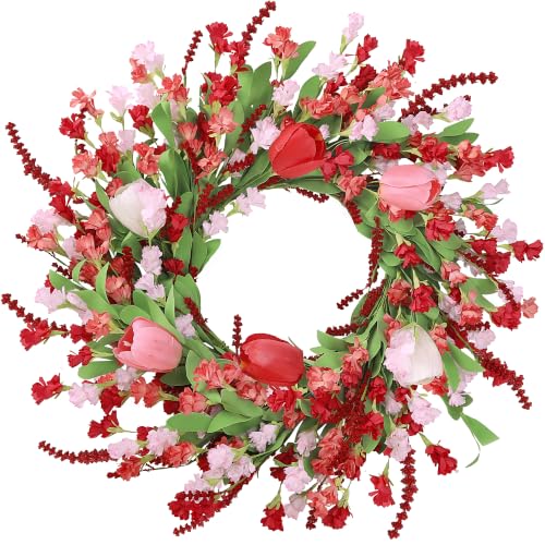 Sggvecsy Spring Summer Wreath for Front Door 22 Inch Artificial Red Flower Wreath with Pink Tulips Greenery Leaves Lavender for All Seasons Home Farmhouse Indoor Outdoor Wall Decor (Red and Pink) - color: Red and Pink