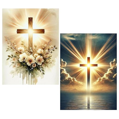 KUFWKEY 2 Pack Religious Cross Diamond Art Kits for Adults, Jesus Christ Cross 5D Diamond Painting Kit for Beginners, DIY Full Round Diamond Art Painting,Gem Art and Craft Kits,Wall Decor 12x 16 Inch - color: AM505