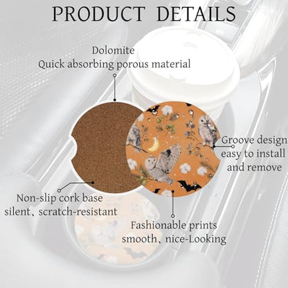 Ceramic Car Cup Coasters 2PCS - Owl Bat - color: Owl Bat