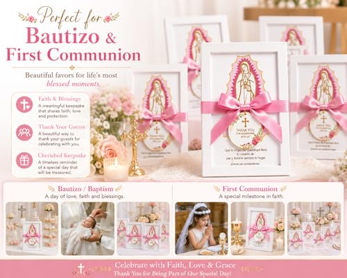 12 Pcs Virgen de Guadalupe First Communion Favors for Guests, Pink Our Lady of Guadalupe Wooden Picture Frames with Satin Bows, Catholic Recuerdos de Primera Comunión, 5.79 x 7.87 in