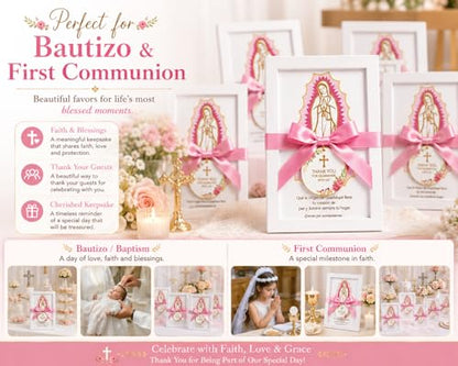 12 Pcs Virgen de Guadalupe First Communion Favors for Guests, Pink Our Lady of Guadalupe Wooden Picture Frames with Satin Bows, Catholic Recuerdos de Primera Comunión, 5.79 x 7.87 in