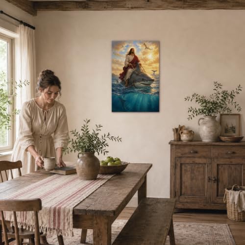 Humorous Christian Jesus Wall Art Jesus Riding Shark Religious Wall Art - color: Art-39, size: 40"L x 28"W