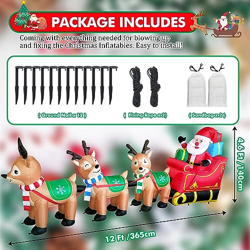 EAONE 12 Ft Christmas Inflatables Outdoor Decorations Giant Blow Up Yard Decorations Inflatable Santa Claus on Sleigh and 3 Reindeer, with Built-in LED Lights for Indoor Outdoor Home Holiday Decor - color: 12 FT Inflatable Santa Claus on Sleigh with 3 Rei