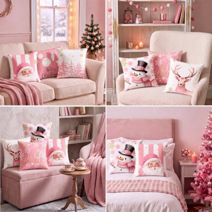 FuWeave 6 Set Christmas Pillow Covers 18 x 18 Inch Pink Pillow Case - style: Pink Christmas