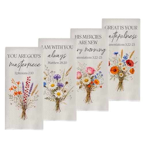Floral Christian Kitchen Towels Set - Vintage Christian Gifts Polyester Waffle Dish Towels for Kitchen Decor, Bible Verse Gifts Hand Towels, Religious Tea Towel, 16x24 Set of 4 - color: Christian Kitchen Towels-16
