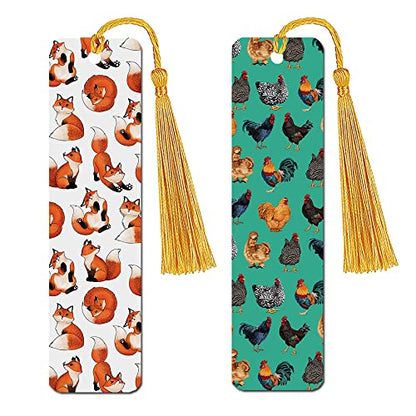 WIRESTER Set of 2 Metal Bookmarks with Light Gold Tassel for Students, Reader, Teachers, Book Lovers - Red Fox Funny Playful Postures, Chicken Pattern - color: Red Fox Funny Playful Postures, Chicken Pattern