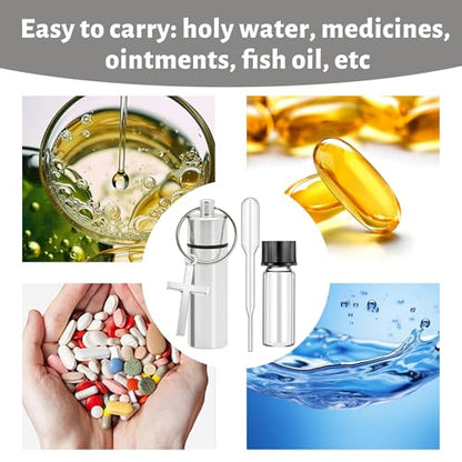 10 Pcs Holy Oils Bottle Anointing Oil Bottles Keychain Vial with Eyedropper Cross Pendant for Travel Baptism Favor Church Wedding Communion Favor (Silver)