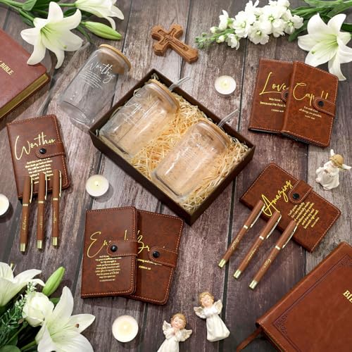 AmazingSpark 18 Pcs Christian Gifts Bulk Glass Cups Prayer Journals Pens - color: Brown, size: Bible Words