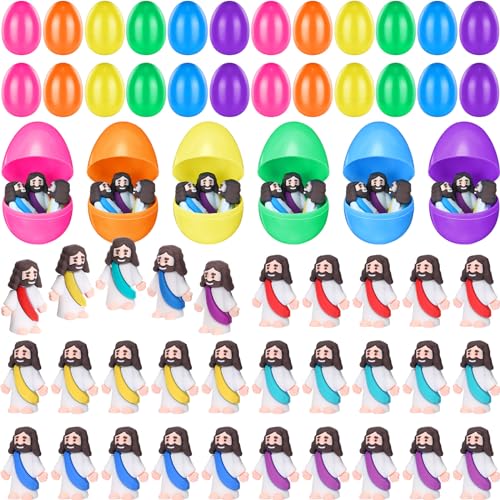 Barydat 120 Pcs Prefilled Jesus Easter Eggs with Little Religious Figurines Resin Toys Miniature Jesus Doll Gifts Eggs for Sunday School Easter Hunt Party Baptism Gift (Original) - style: Original
