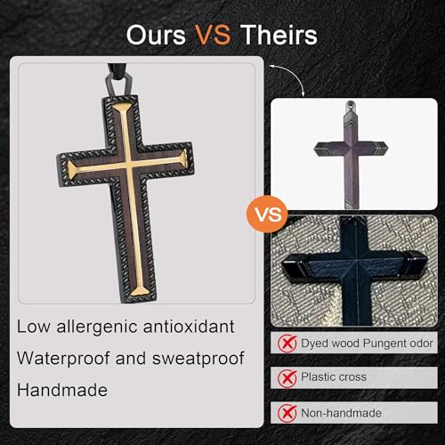Wooden Cross Necklace for Men With Stainless steel And Black Ebony Adjustable Box Chain 24–26 inches Suitable for Everyday Wear And Christian Gifts for Men - color: Black-A