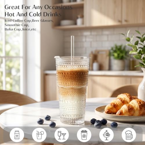INSETLAN 20 oz Hobnail Glass Cups with Lids and Glass Straws – 4 Pieces, Thick-Walled Glass Tumblers for Iced Coffee, Smoothies, Milk, Water, Juice, and More – Elegant and Durable Drinking Glasses - size: 4 Pcs
