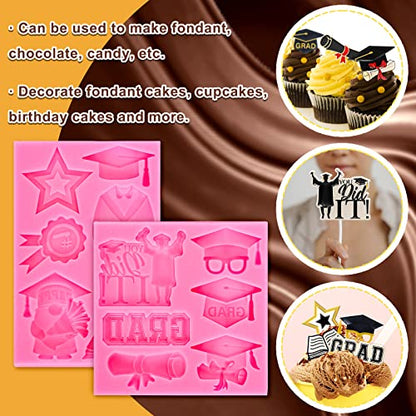 Whaline 2Pcs Congrats 2026 Graduation Fondant Molds Grad Theme 3D Silicone Moulds Bachelors Cap Scroll Resin Molds Graduation Uniform Cupcake Cookie Baking Moulds for 2026 Graduation Party DIY Candy - style: Graduation