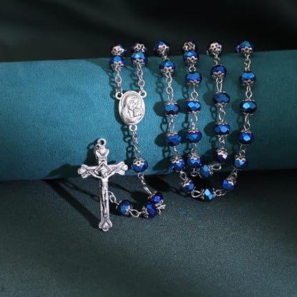 KOMI Rosary Beads Catholic for Women Gemstone Rosary Beads Necklace with Crucifix Cross Crystal Pearl Rosary Rosarios Catolicos Catholic Gifts - style: Deep Blue Crystal