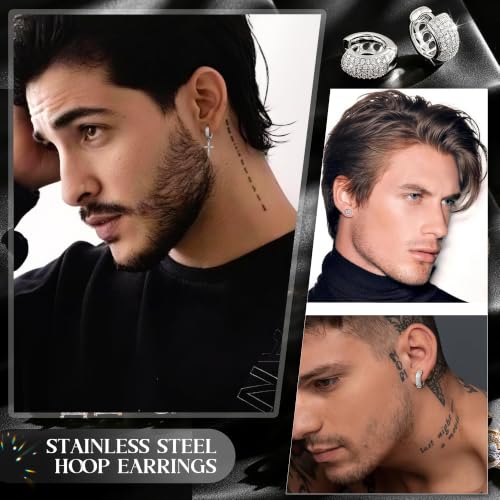 7 Pairs Stainless Steel Earrings for Men Women CZ Stud Hoop - color: Silver