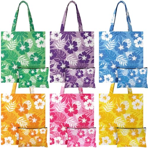 Patelai 6 Sets Hibiscus Canvas Tote Bags with Makeup Bags Women Gifts Set - style: Hibiscus Flower and Palm Leaves