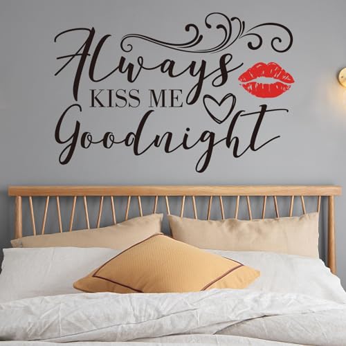 PLIGREAT 2 Sheets Romantic Red Lip Wall Sticker Always Kiss Me Goodnight Quotes Wall Decals Love Art Letters Removable Stickers for Bedroom Living Room Bathroom Decor Couples Home Decor - style: Kiss Me Goodnight