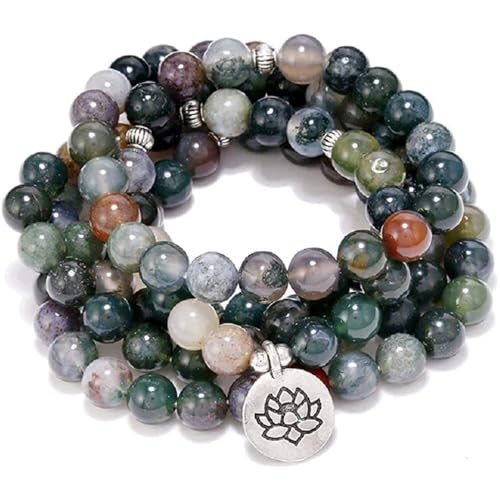 Fuqimanman2020 108 Natural Indian Agate Mala Beads Strand Bracelet Stretch Buddha Healing Gemstone Reiki Quartz Crystal Wrap Yoga Meditation Prayer Rosary Jewelry for Women Men - color: Lotus