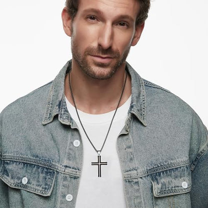 Wooden Cross Necklace for Men, Natural Ebony Mens Cross Necklaces Black Stainless Steel Christian Wood Crucifix Pendant，with Necklace 24" Box Chain - color: Silver-Inlaid Ebony