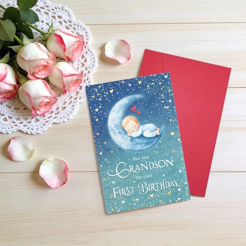 Ogeby Cute First Birthday Card for Grandson, Starry Themed 1st Bday from Grandpa Grandma, For You Grandson on Your First Birthday - color: #624