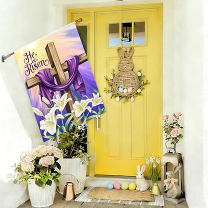 He is Risen Easter Christian House Flags 28x40 Double Sided Burlap, Religious Cross Spring Lily Flower Sign Large Flag Farmhouse Yard Outdoor Decoration DF701-28 - size: 28" X 40"